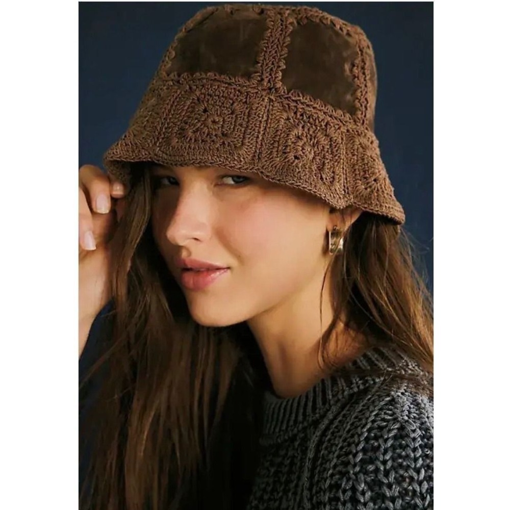 Free People Cameron Suede Bucket Hat Brown Crochet Boho 107952566 NWT